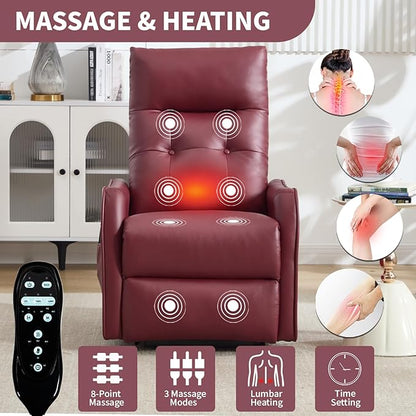 PELUMY Manual Lift Recliner Chair with Massage and Heat for Elderly, Single Motor Electric Lift Chair, Heavy Duty Recliner with USB Charging & Side Pockets (Breathable Leather, Red)