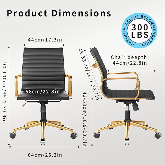 Ergonomic Desk Chair Computer Chairs with Armrests and Wheels Heavy Duty Wide Seat for Home Office Comfortable 22.83in Chair for Women and Men，Gold Black