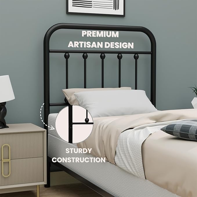 Vintage Twin Size Metal Bed Frame Height Adjustable Headboard Only, Wrought Iron Black Farmhouse Bed Frame Headboard, Easy Assembly, Short Clearance, Tall or Low Setting