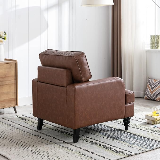 PU Leather Upholstered Accent Chairs Set of 2 Modern Single Sofa Chair with Thick Removable Back Cushion and Black Printed Legs Armchairs for Living Room/Bedroom/Reading Room, Brown