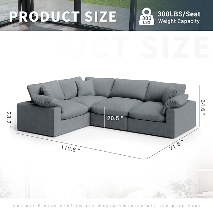 189.4" Modular Sectional Sofa Cloud Couch,4 Seat Down Filled L Shape Comfy Cloud Modern Sofa,Oversized Couch Cushion Covers Removable for Living Room,Light Blue