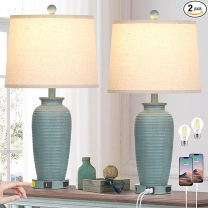 25" Farmhouse Jar Table Lamps Set of 2, 3 Way Touch Control Rustic Bedside Lamps with USB A+C Ports & AC Outlet, Pot Nightstand Lamps for Bedroom Living Room (LED Bulbs Included)