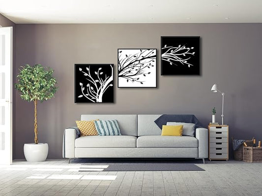 Wieco Art Black Framed Leaves Modern 3 Panels Flowers Artwork Black and White Abstract Floral Trees Canvas Prints Wall Art for Living Room Home Decorations