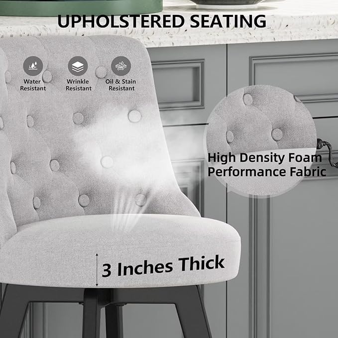 MINCETA Set of 2 Upholstered Bar Stools - 26 Inch Swivel Counter Height Stools with Low Tufted Back, Footrest & Performance Fabric - Round Seat for Kitchen Island & Home Bar Gray and Beige
