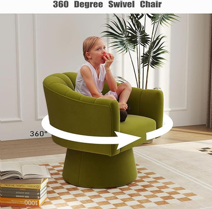 Swivel Accent Chair,Upholstered Velvet 360° Swivel Barrel Chair for Living Room Overstuffed Bouncle Reading Chair Round Armchair for Bedroom,Vanity,Office(Grass-Green)