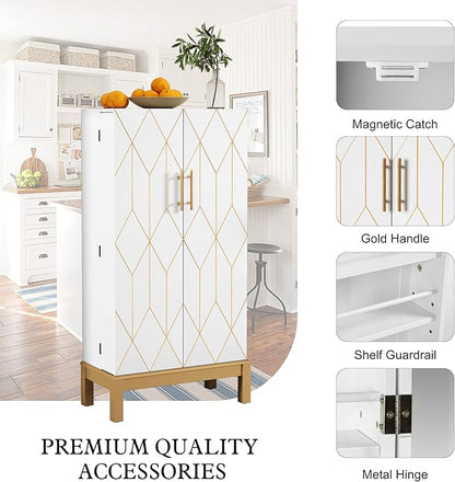 ARTPOWER 45'' Kitchen Pantry Cabinet, 4 - Layer Storage Cupboard with Adjustable Shelves for Storage Cabinet Pantry, Food Pantry Cabinet for Kitchen, Dining Room and Living Room,Gold Legs, White