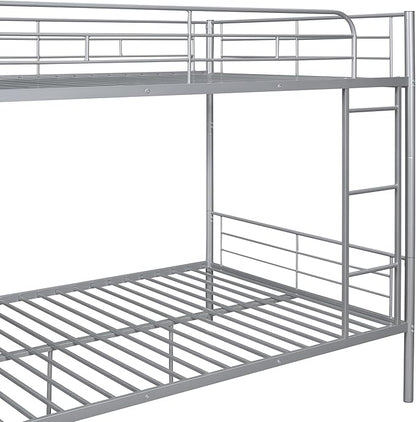 Merax Full Over Full Metal Bunk Bed with Ladder and high Guardrail, Able to Split, Storage Space, No Box Spring Needed, Noise Free, Silver