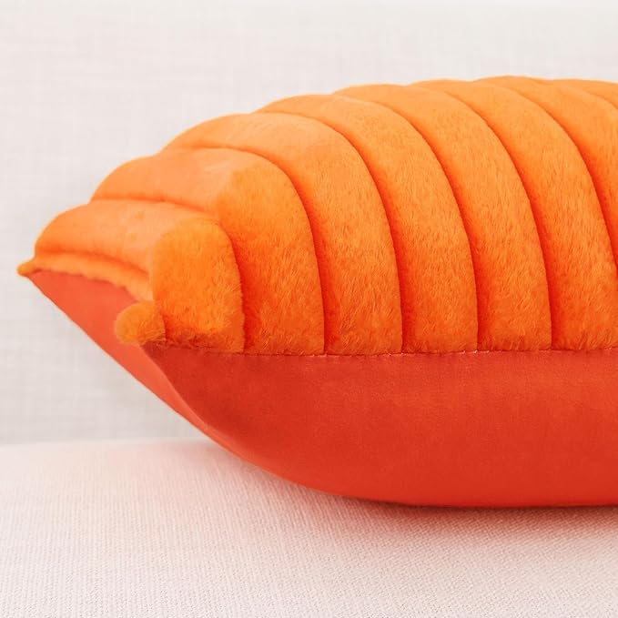 Pallene Faux Fur Plush Fall Throw Pillow Covers 12x20 Set of 2, Luxury Soft Fluffy Striped Decorative Pillow Covers for Sofa, Couch, Living Room, Burnt Orange