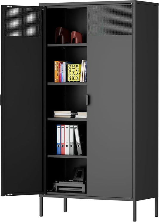 71 inches Black Metal Storage Cabinet with Doors and Shelves, 5 Tier Pantry Cabinet, Metal Cabinet for Home, Office, Dining, Laundry, Living, Bathroom and Utility Use