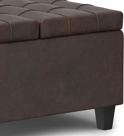 SIMPLIHOME Harrison 30 inch Wide Transitional Square Small Coffee Table Storage Ottoman in Distressed Brown Vegan Faux Leather, Assembled, for The Living Room and Bedroom