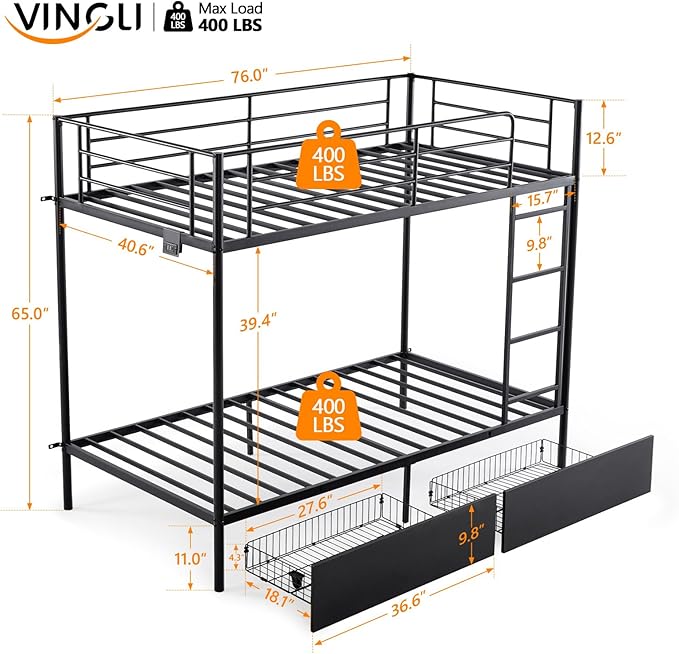 Karl home Metal Bunk Bed Twin Over Twin with 2 Storage Drawers, with USB Charging Station and LED Lighted, Safety Guardrail & Ladder, Easy Assembly, Space Saving, No Noise, No Box Spring Needed, Black