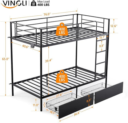 Karl home Metal Bunk Bed Twin Over Twin with 2 Storage Drawers, with USB Charging Station and LED Lighted, Safety Guardrail & Ladder, Easy Assembly, Space Saving, No Noise, No Box Spring Needed, Black