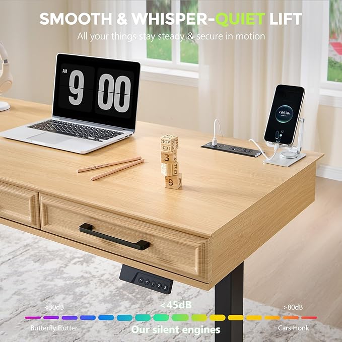 55x22 Inch Electric Standing Desk with One-Piece Desktop, Adjustable Height Computer Desk w/3 Storage Drawers & Power Outlets,Sit to Stand Up,Gaming Table for Home Office and Study, Natural Oak