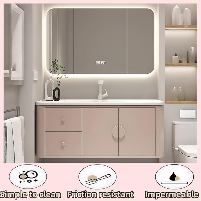 52IN Pink Modern Bathroom Vanity - Bathroom Vanities Set with 2 Drawers Wall Mounted | Rounded Corner Smart Defogging Mirror Cabinet with Lighting & Time Display, Side Opening Storage Shelf (Style A)