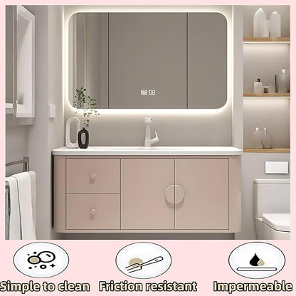 52IN Pink Modern Bathroom Vanity - Bathroom Vanities Set with 2 Drawers Wall Mounted | Rounded Corner Smart Defogging Mirror Cabinet with Lighting & Time Display, Side Opening Storage Shelf (Style B)