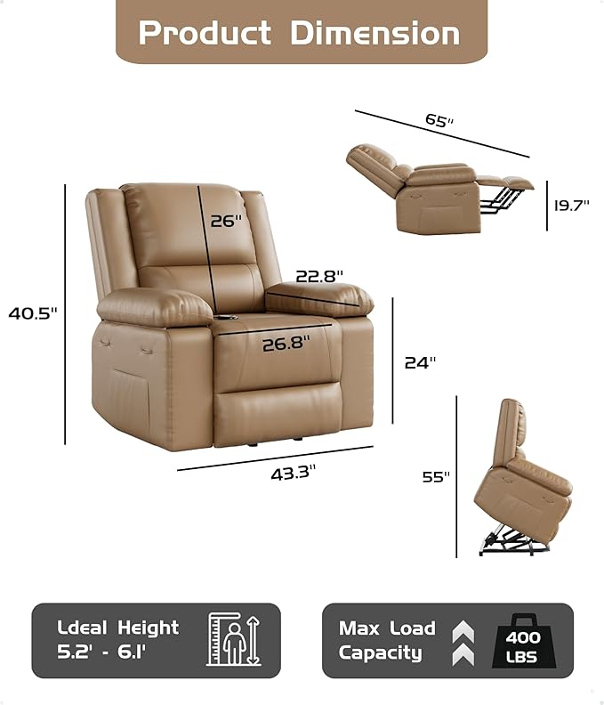 GarveeHome Oversized Wide Power Lift Recliner Chair - Heat and Massage, Faux PU Leather, Adjustable Back and Legs, Electric Lift Chair Designed for The Elderly and People with Mobility impaired