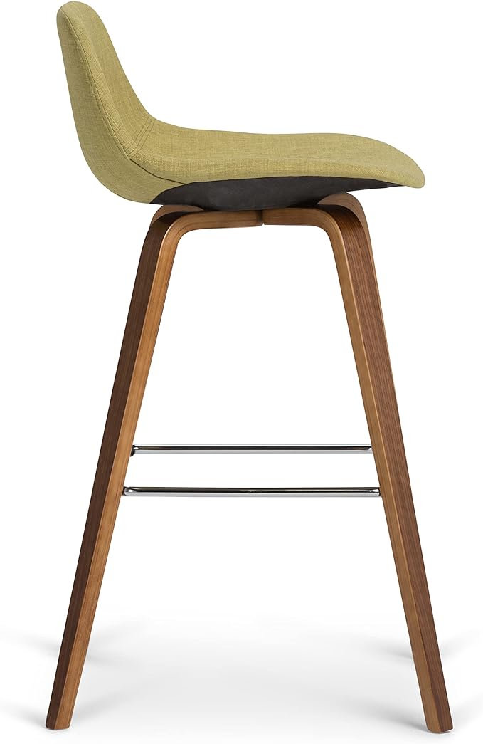SIMPLIHOME Randolph Counter Stools (Set of 2) - 28 Inch Seat Height Upholstered Bentwood Kitchen Seats in Acid Green Linen Look Fabric, Mid Century Modern Seating with Curved Backrest and Footrest