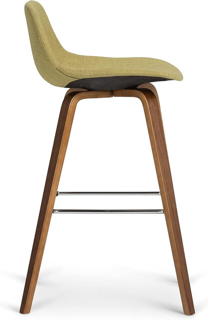 SIMPLIHOME Randolph Counter Stools (Set of 2) - 28 Inch Seat Height Upholstered Bentwood Kitchen Seats in Acid Green Linen Look Fabric, Mid Century Modern Seating with Curved Backrest and Footrest