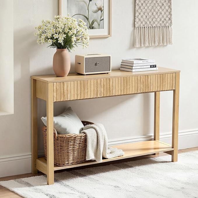 VEVOR 47 in Console Table, Farmhouse Desk Behind The Couch with Drawers and Bottom Storage Shelf, Wooden Rectangle Entrance Narrow Sofa Table for Hallway, Bedroom, Living Room, Foyer, Burlywood
