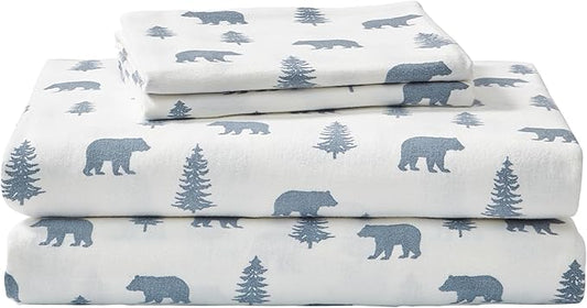 Eddie Bauer - Flannel Sheets King Size, Anti-Pilling & Wrinkle Resistant Cotton, Touchably Soft for All-Season Comfort - Bed Sheets with Matching Pillowcases & Fitted Sheet (Bears and Trees Blue)
