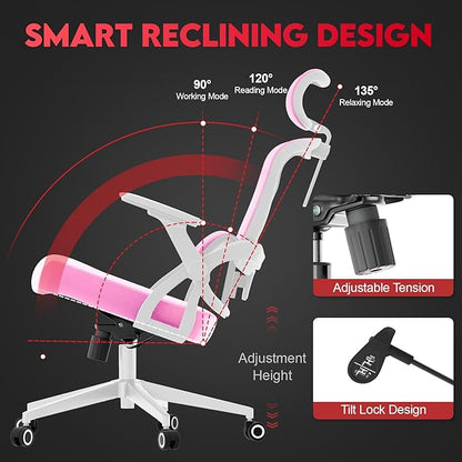 Ergonomic Office Chair - 400LB Comfy Desk Chairs with Adjustable Headrest and Lumbar Back Support, Mesh Computer Chairs with Wheels and Arms for Home Office, Study, Bedroom and Dorm (01pink)