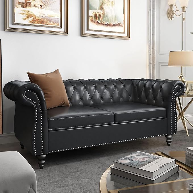 Chesterfield Loveseat Sofa, Modern Leather Small Sofa Couch 2 Seater with Rolled Arms and Nailhead, Mid Century Modern Loveseat Couch for Small Spaces Living Room Bedroom Apartment, Black