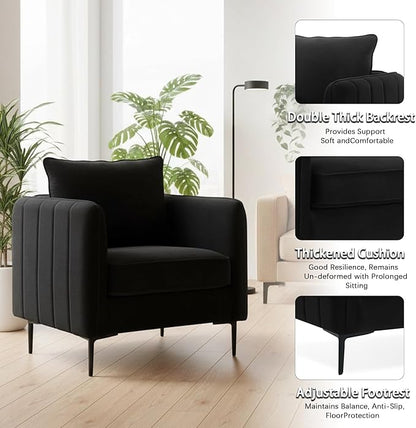 Velvet Accent Chair Set of 2, Comfy Upholstered Single Sofa Chair Mid-Century Modern Armchair with Thick Cushion and Wood Frame Side Chair for Living Room Bedroom Apartment (Black)
