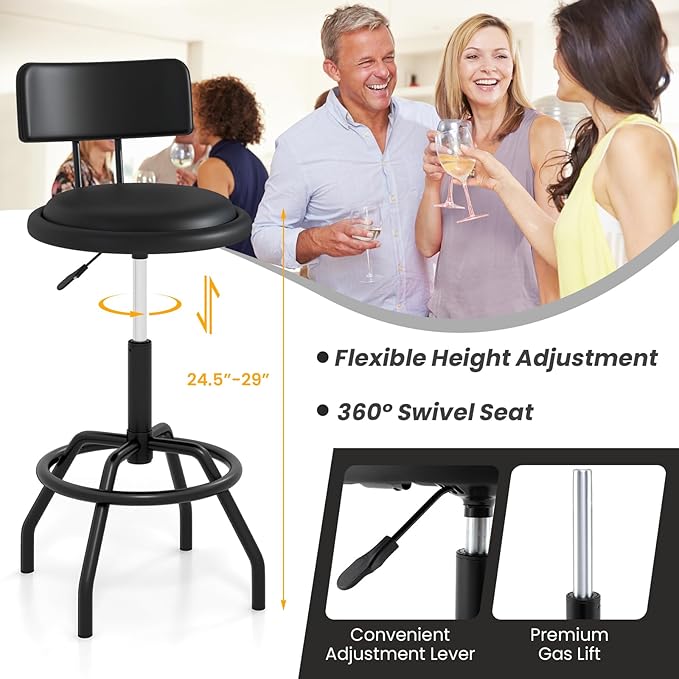 COSTWAY Adjustable Height Bar Stool, 360 Degree Swivel, Modern Guitar Stool for High Ergonomic Seating, with PU Leather Cushion, Heavy Duty Steel Frame for Bar, Shop and Music, Garage, Black