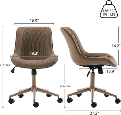 YOUNIKE Khaki Home Office Desk Chair No Arms Comfy Small Vanity Chair Chair with Wheels Swivel Adjustable Modern Ergonomic Task with Back Armless Cute Leather Upholstered Rolling Chair