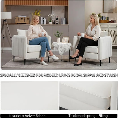 Velvet Accent Chairs Set of 2, Comfy Upholstered Single Sofa Chair Mid-Century Modern Armchair with Thick Cushion and Wood Frame Side Chair for Living Room Bedroom Apartment (Ivory)