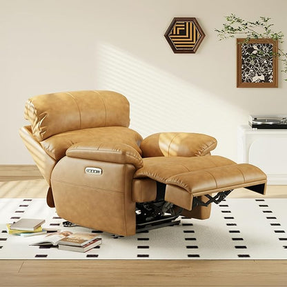 COLAMY Triple Motors Power Recliner Chair with Power Headrest & Lumbar Support Independent Adjustment for Living Room, Leather Electric Recliner Sofa Chair, Light Brown