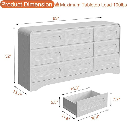 Dresser for Bedroom with 9 Drawers, 63" Large Modern Dressers & Chest of Drawers with Curved Profile Design, Wood Closet Clothes Storage Long Dressers Organizer for Bedroom Living Room Hallway, White