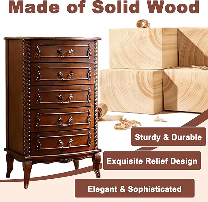 Fully Assembled Solid Wood 5 Drawer Dresser for Bedroom Tall Chest of Drawers Wood Storage Dresser with Metal Handle for Living Room Hallway Entryway, 15.74" D x 24" W x 37.4" H, Walnut