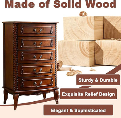 Fully Assembled Solid Wood 5 Drawer Dresser for Bedroom Tall Chest of Drawers Wood Storage Dresser with Metal Handle for Living Room Hallway Entryway, 15.74" D x 24" W x 37.4" H, Walnut