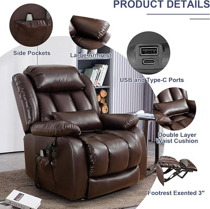 MAEVIS Large Genuine Leather Lift Recliner Chairs, Dual Motor Lift Chiars Recliner for Elderly,Extended Footrest and Lumbar Pillow for Tall Man,Heating and Massage, USB and Type-C Ports(Brown)
