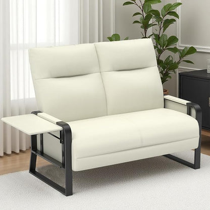 Faux Leather Loveseat, Upholstered Loveseat with Side Tray Table & Storage Pocket, Small Loveseat for Living Room, Modern 2 Seater Sofa Couch for Small Spaces, Bedroom, Beige