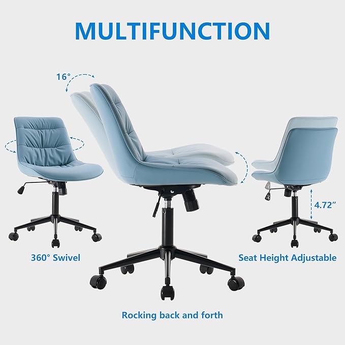 Rowill Leather Office Chair, Ergonomic Armless Desk Chair with Waterproof Cushion & Slient Wheels & SGS-Certified Class 3 Explosion-Proof Gas Lift, Ideal for Home Office, Study and Vanity(Blue)