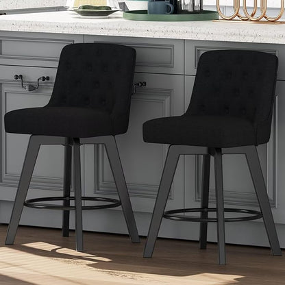 MINCETA Bar Stools Set of 2, 26 Inch Upholstered Barstools with Low Tufted Back and Footrest, Swivel Counter Height Barstools for Kitchen Island Home Bar Performance Fabric Black