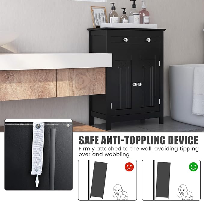 COSTWAY Bathroom Floor Cabinet, Wooden Side Storage Organizer w/Larger Drawer, Adjustable Shelf & 2-Door Cupboard, Freestanding Storage Cabinet for Living Room, Kitchen, Entryway (Black)
