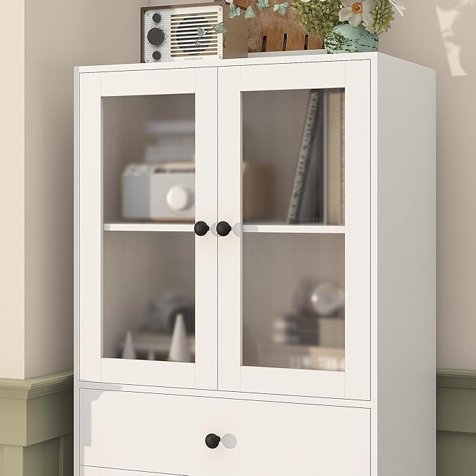 Tall Bathroom Storage Cabinet with Glass Doors, 67" Tall Freestanding Linen Cabinet with Adjustable Shelves, Floor Standing Organizer for Bathroom, Living Room, Kitchen, (White)