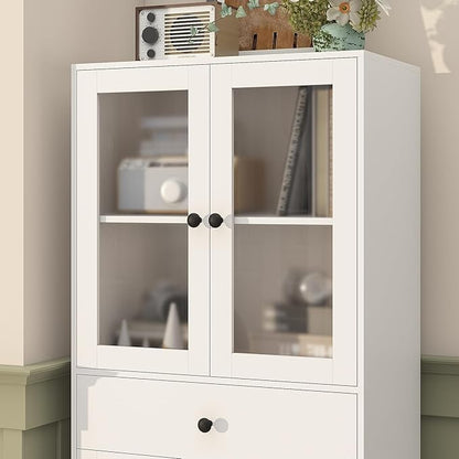 Tall Bathroom Storage Cabinet with Glass Doors, 67" Tall Freestanding Linen Cabinet with Adjustable Shelves, Floor Standing Organizer for Bathroom, Living Room, Kitchen, (White)