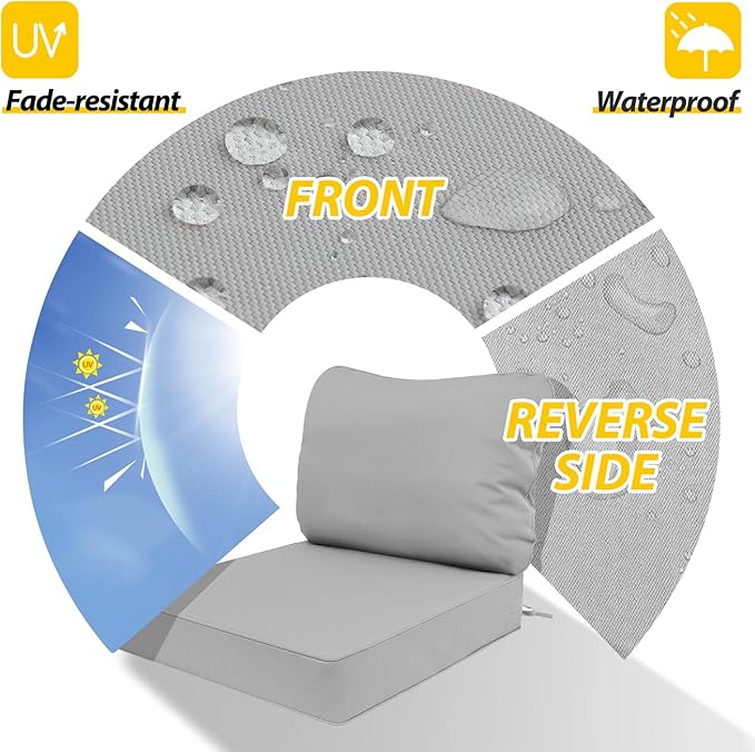 AAAAAcessories Outdoor Deep Seat Cushions, Waterproof, Fade-Resistant Patio Furniture Replacement Cushions, 25.5" x 25.5" x 5" + 25.5" x 19", Set of 2, Gray