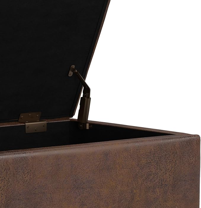SIMPLIHOME Shiloh 26 inch Wide Transitional Contemporary Small Storage Ottoman in Distressed Chestnut Brown Vegan Faux Leather, Assembled, for The Living Room, Entryway and Family Room