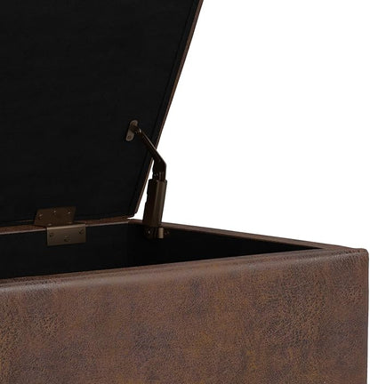 SIMPLIHOME Shiloh 26 inch Wide Transitional Contemporary Small Storage Ottoman in Distressed Chestnut Brown Vegan Faux Leather, Assembled, for The Living Room, Entryway and Family Room