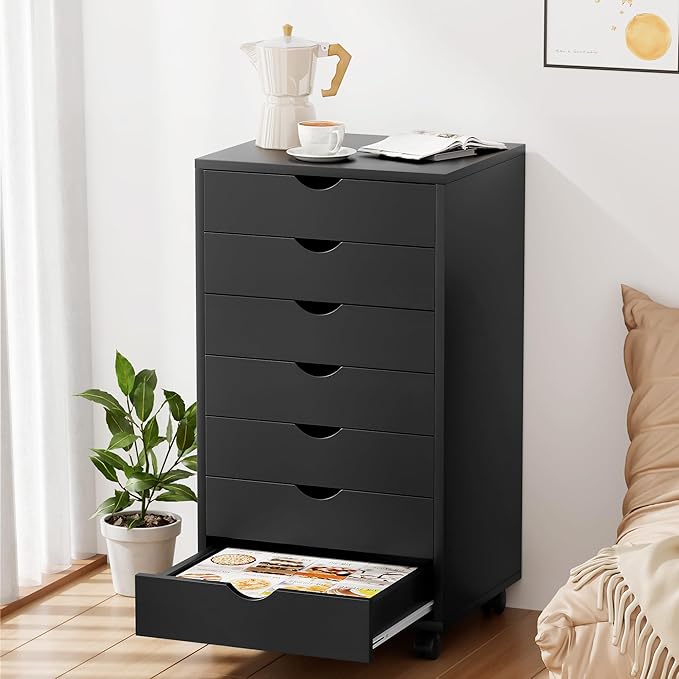 Simple Deluxe 7-Drawer Chest, Office File Cabinet with Wheels, Black