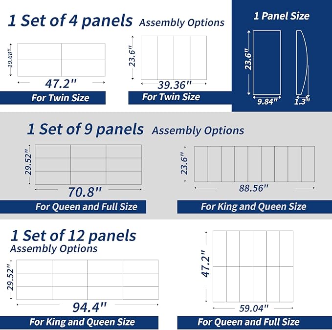 Art3d Peel and Stick Headboard for Queen and King in Black, Pack of 9 Panels Sized 9.84" x 23.62", 3D Soundproof Wall Panels, Upholstered Wall Panel