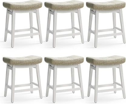 Counter Height Bar Stools Set of 6 for Kitchen Counter Farmhouse Modern Barstools with Faux Leather Upholstered Backless Seat and Solid Wood Legs 24 inch Bar Chairs, Light Grey + White