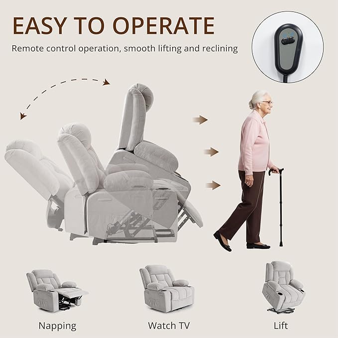 Dual Motor Power Lift Recliner for Elderly, Large Electric Lift Recliner with Massage and Heat, Cup Holders, Side Pocket, Fabric(Light Grey)