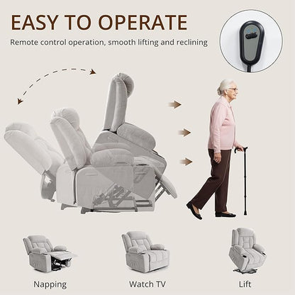 Dual Motor Power Lift Recliner for Elderly, Large Electric Lift Recliner with Massage and Heat, Cup Holders, Side Pocket, Fabric(Light Grey)