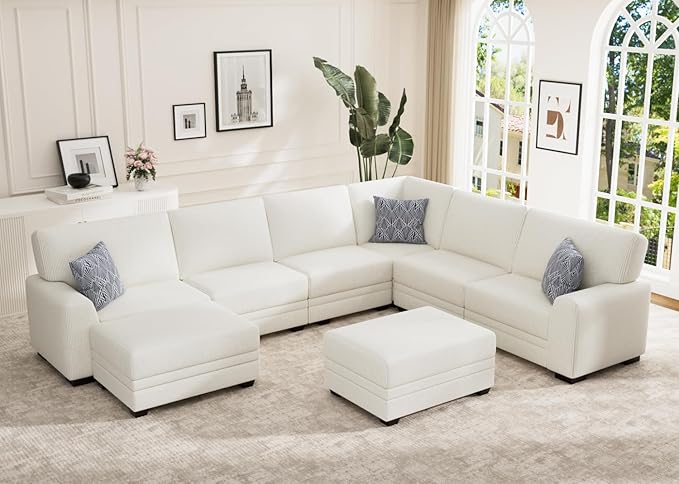 Wanderwell Oversized Modular Sectional Sofa, 8-Seater U Shaped Couches with Movable Ottoman,Corduroy Sectional Couch with Wide and Deep Seats Suitable for Living Room,Bedroom,Apartment (Cream, U-8)
